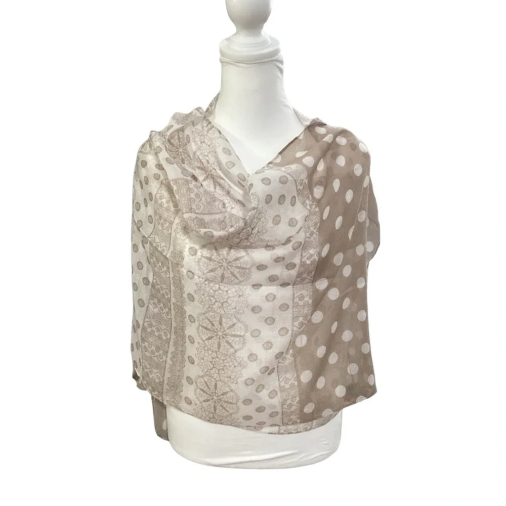 Polka Dot and Lace Mandala Print Lightweight Scarf Taupe Cream NEW approx 19X73